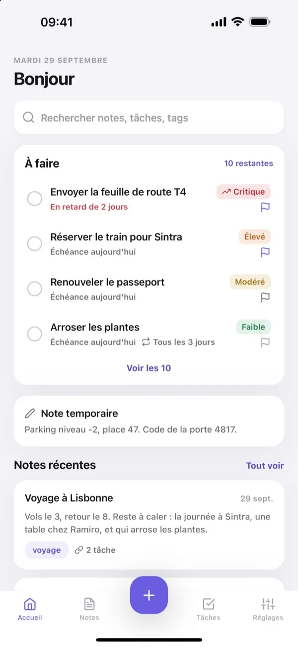 Ce qui compte aujourd’hui. Les tâches remontent quand l’échéance approche.
